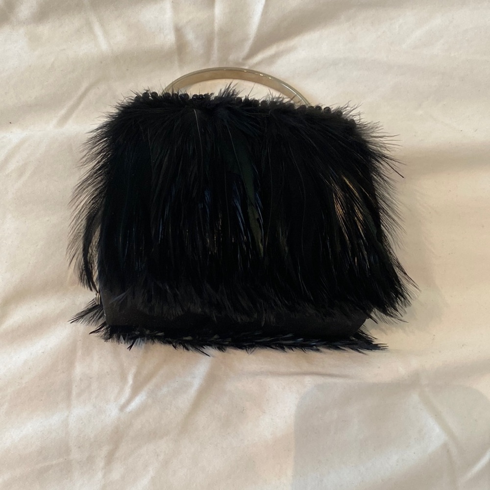 Evening bag with crystals and feathers in black silk with silver trim